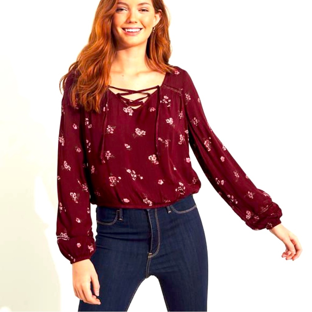 Hollister NWT cranberry long sleeve boho style top